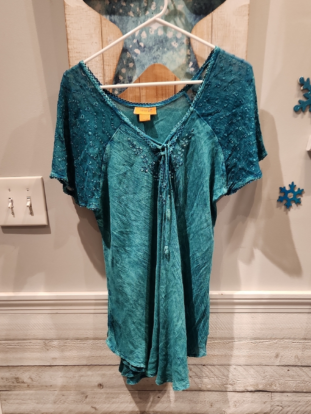 EUC Sakkas Teal Embellished Tie-Front Peasant Top Sz Plus Sz 100% Cotton